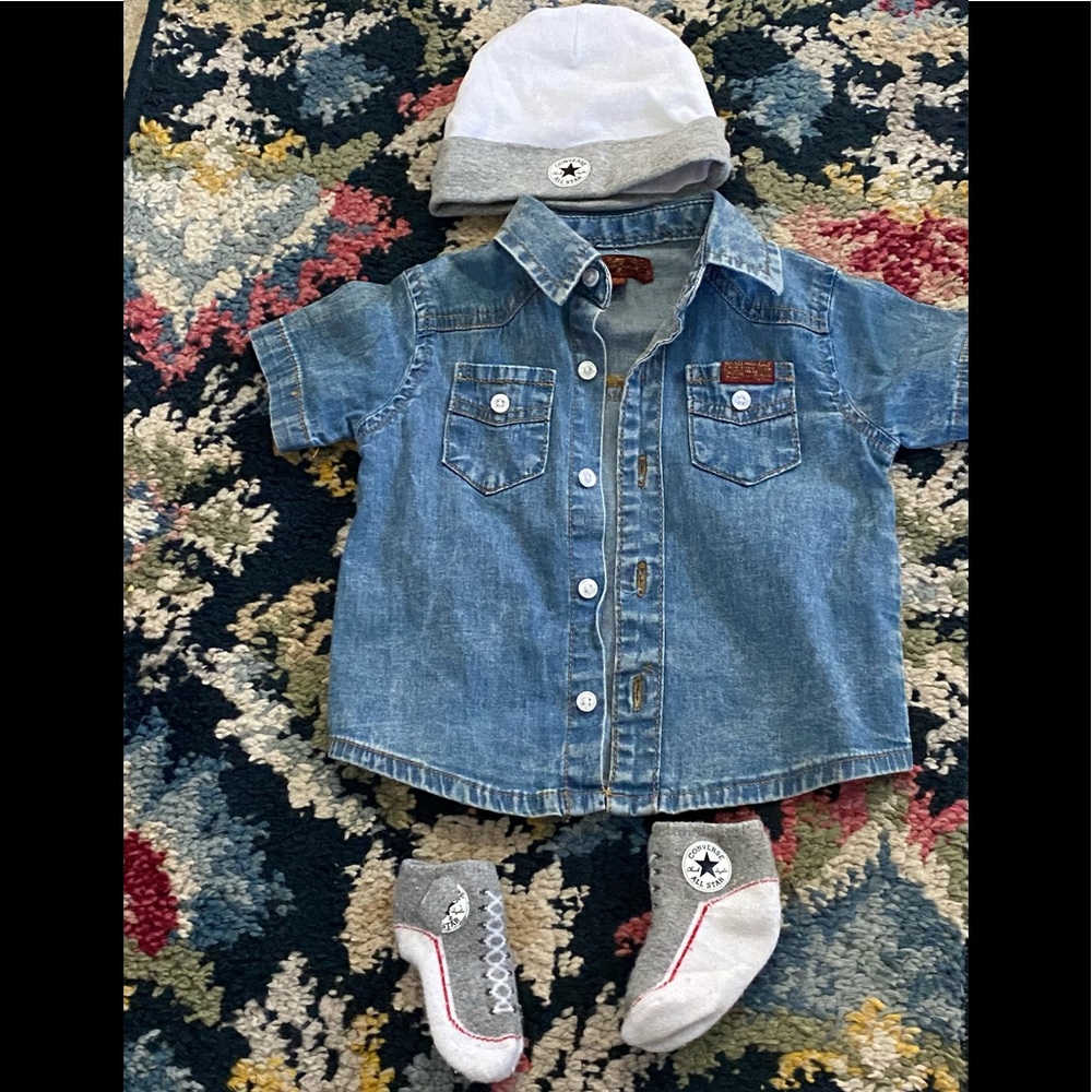 Converse hat and booties. Denim shirt